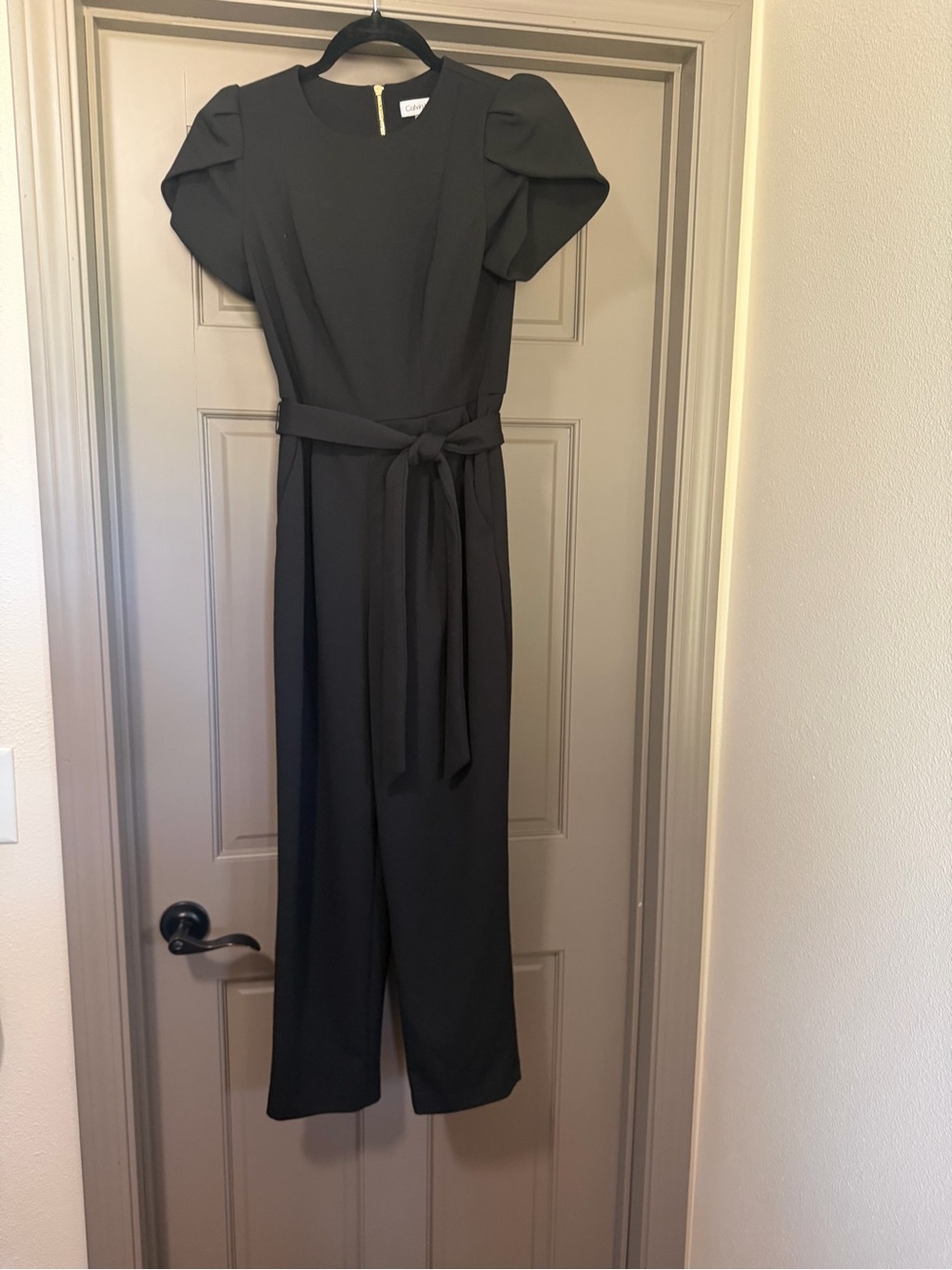 Calvin Klein Black Puff-Sleeve Belted Zipper Jumpsuit Size 2